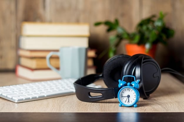 A person using noise-canceling headphones in a clean, minimalist workspace, with a timer visible on their desk. The image conveys a sense of focus and control.
