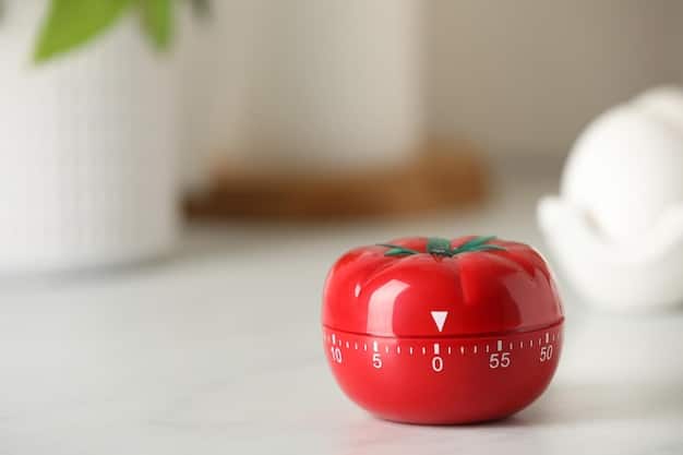 A close-up of a tomato-shaped kitchen timer with the dial set to 25 minutes. The timer is placed on a wooden desk alongside a notebook and pen, creating a visual representation of the Pomodoro Technique in action.