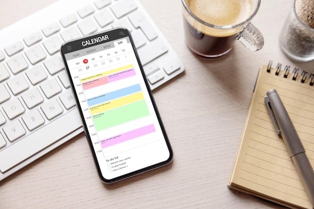 A calendar app interface showing scheduled blocks of time dedicated to email processing, highlighted in different colors, emphasizing focused work periods.