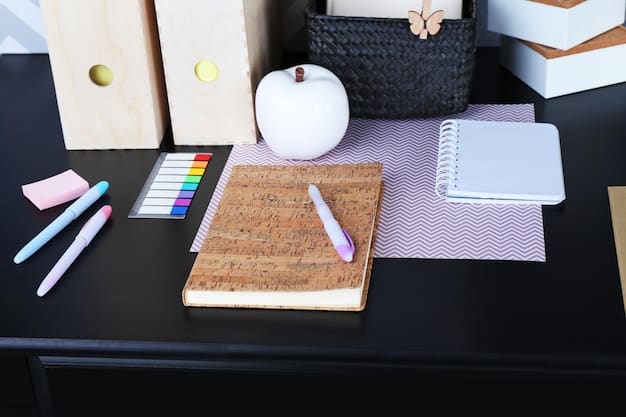 An organized desk with neatly stacked papers, a planner, and a computer showing a task list. The color scheme is calming and professional, highlighting order and control.