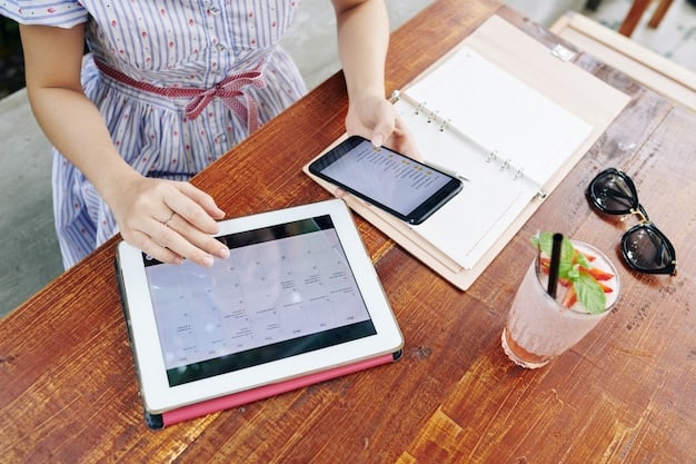 A person looking at a well-organized calendar on a tablet, showing time-blocked activities for the week. The calendar is color-coded and visually appealing, indicating planned activities and appointments.