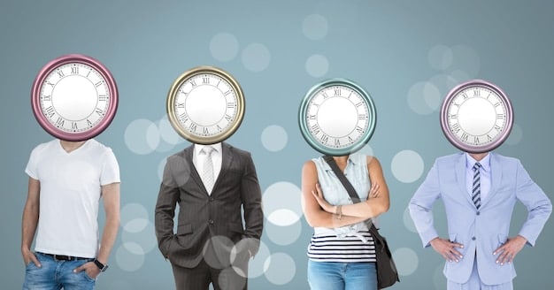 A split image showing a clock on one side, representing time management, and a person doing yoga on the other side, representing energy management. The image captures the contrasting focus of the two approaches.