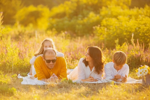 A person smiling and relaxed, spending time with family outdoors. The setting is peaceful and serene, suggesting a good balance between work and personal life, achieved through effective time management.