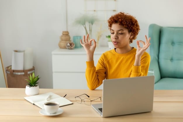 A person practicing mindfulness meditation at their desk, with a calm and focused expression. This image represents stress management and mental well-being while balancing multiple responsibilities.