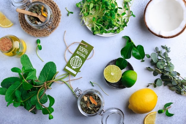 Close-up shot of various focus supplement ingredients in their natural forms, such as green tea leaves (for L-Theanine), coffee beans (for caffeine), and Ginkgo Biloba leaves, emphasizing their natural origins.