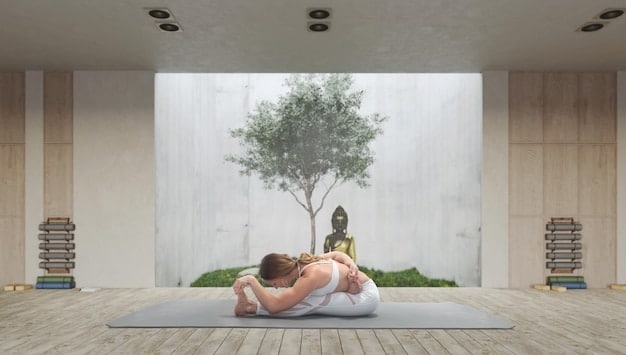 A split image comparing two people, one meditating in a quiet room and the other wearing headphones while working on a laptop in a busy cafe, representing mindfulness meditation and binaural beats therapy respectively.
