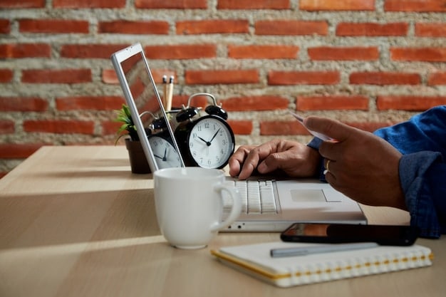 A person setting a timer on their phone for two minutes while sitting at their desk. The image should emphasize the short duration and the act of starting a task.