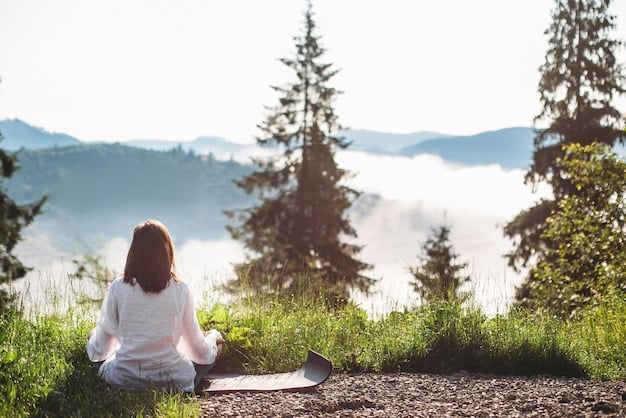 A person practicing yoga or meditation in a peaceful outdoor setting, such as a forest clearing or a grassy hilltop. The scene should evoke calmness, mindfulness, and connection with nature.