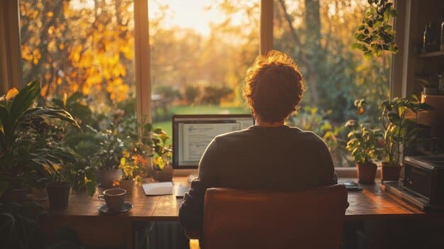 A person sitting in a quiet, organized workspace, deeply focused on a single task displayed on a laptop screen. The scene conveys a sense of calm and productivity.