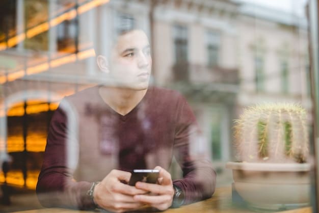 A person mindfully using a phone, with a blurred background representing the distractions they are consciously ignoring, emphasizing the concept of mindful social media usage.