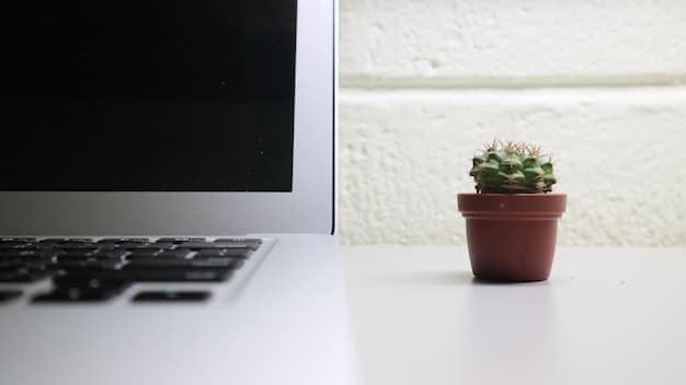 A close-up of a minimalist desk featuring a laptop, a small potted succulent, a notebook, and a pen. The background is blurred to emphasize the clean and uncluttered workspace.