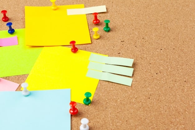 A close-up shot of a physical Kanban board in an office, with colorful sticky notes representing different tasks. Team members are actively moving the notes and discussing priorities.