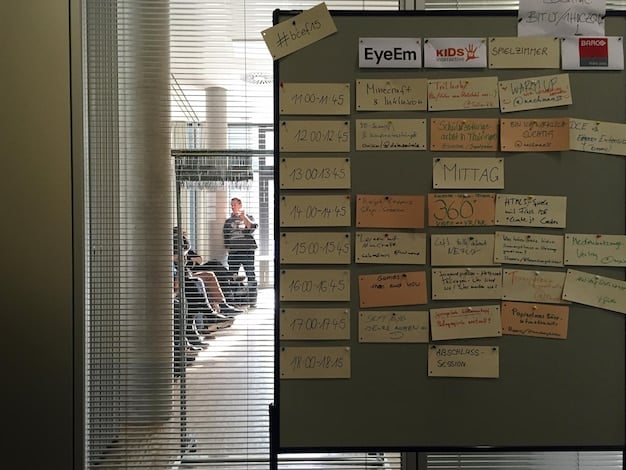 A Kanban board visualization of agile task management, showing user stories, tasks in progress, and completed items, with team members actively managing and updating the board. The image should represent a clear, organized workflow.
