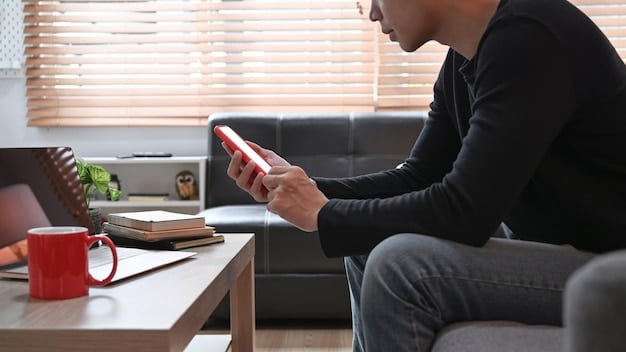 A remote worker using a task management app on their phone to schedule breaks and wellness activities throughout the day, emphasizing the importance of work-life balance and self-care to maintain productivity and prevent burnout.