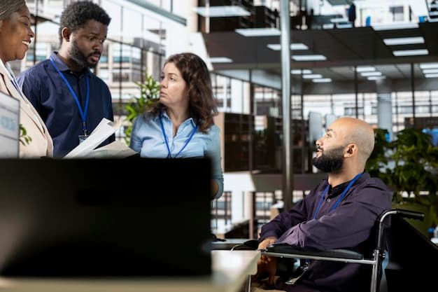 A diverse team of professionals collaborating in an open office space, with some using assistive technology. The atmosphere is inclusive and supportive.