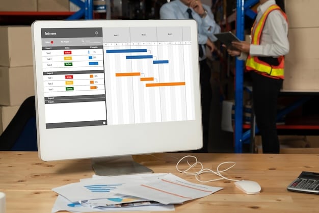 Screenshot of a popular project management tool (e.g., Asana, Jira, Trello) showing a project timeline view with tasks, dependencies visualized as connecting lines, resource allocation, and progress tracking features. The interface is clean and modern, representing a typical setup in 2025.