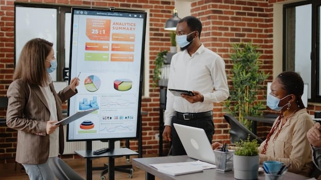 A diverse team of professionals in a modern office collaborating and reviewing a digital checklist app on a large interactive screen.