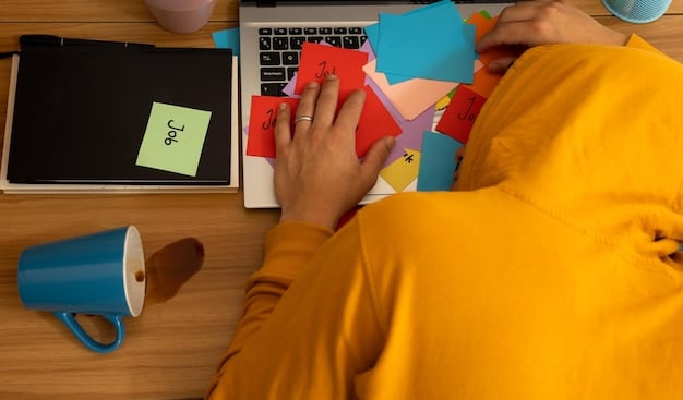 A person working intently at their computer, surrounded by sticky notes outlining different tasks. The image emphasizes focus and organization in a visual and engaging way.