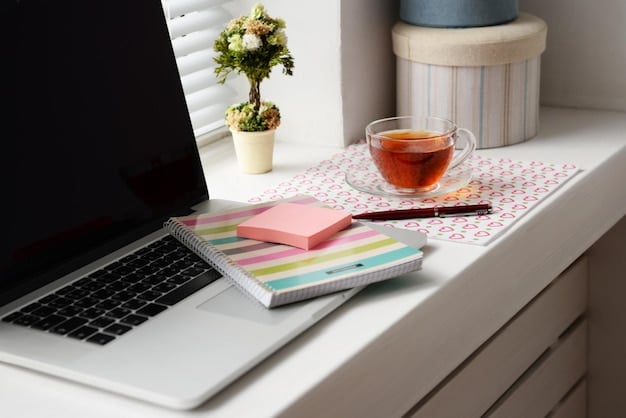 A detailed close-up shot of a well-organized desk setup with a planner, colorful sticky notes, a laptop, and a cup of coffee, emphasizing planning and focus in a remote work environment.