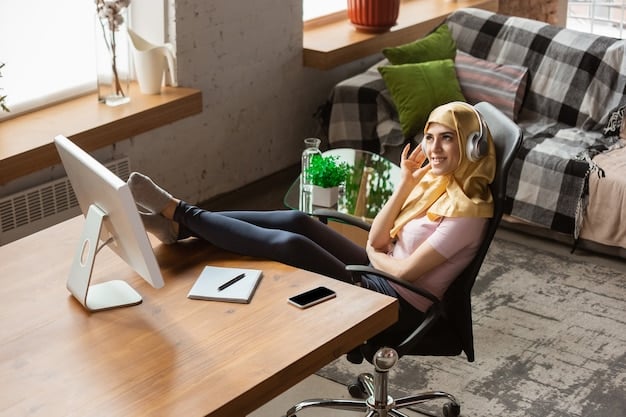 A person is shown highly focused, wearing noise-canceling headphones in a minimalistic, quiet home office setup, suggesting deep work and concentration without distractions.