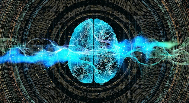 A brain scan emphasizing active neural pathways with glowing energy, superimposed with abstract sound waves, illustrating the neurological response to auditory stimuli like binaural beats.
