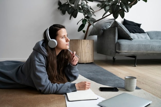 A person in a tranquil, minimalist home office, wearing noise-cancelling headphones, deep in concentration while working on a tablet. Sunlight streams through a window, and lush green plants add to the serene atmosphere.