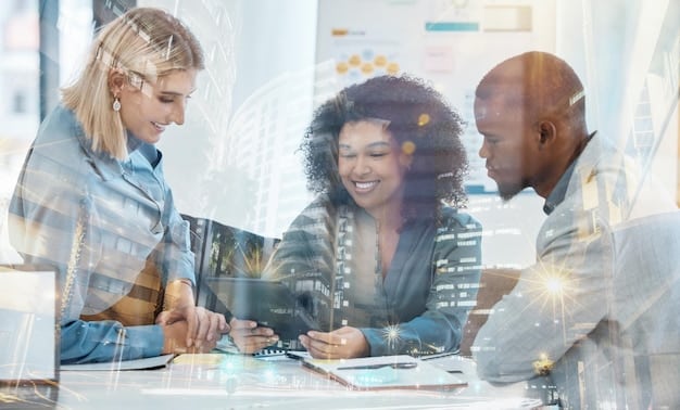A diverse team collaboratively working on a project, with a subtle AI interface overlay suggesting smart delegation of tasks among them based on skill and availability.
