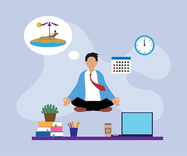A person meditating or doing light exercise during a scheduled work break, symbolizing strategic breaks and focus on well-being to sustain productivity.