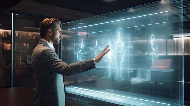 A person's hand interacting with a holographic Eisenhower Matrix display, showing various tasks being categorized with AI-driven suggestions, in a futuristic office.
