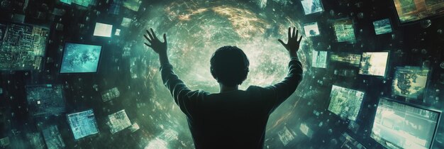 A person looking overwhelmed by multiple glowing digital screens, each showing a different task, symbolizing the struggle of poor prioritization and potential pitfalls.