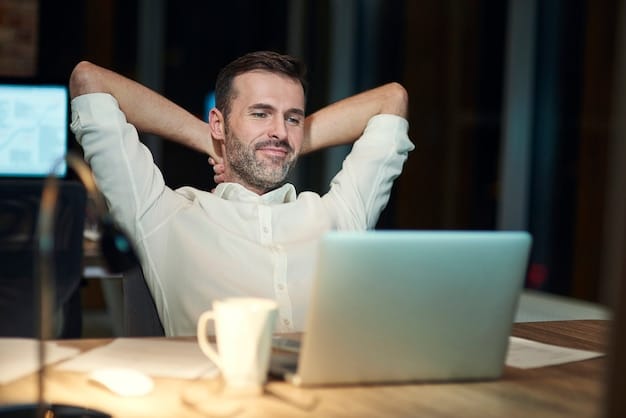A person is seen taking a mindful 5-minute break during a deep work session, stretching gently while looking away from their computer screen. The background is a clean, modern office setting.