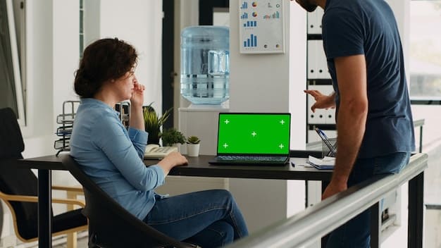 A split screen showing two work environments: one person is in a sleek home office setup with a high-tech monitor and minimalist design, focused intently. The other half shows a diverse remote team synchronously taking a short break, some stretching, others grabbing water, all connected virtually through a video call with subtle AI-interface elements.