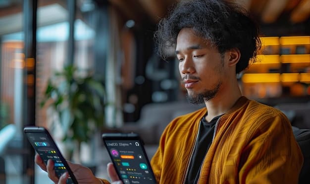 A person looking intently at a digital dashboard or task management app, with various tasks categorized by color or priority level. The interface is clean and modern, suggesting 2025 technology, and reflects a state of focused assessment.