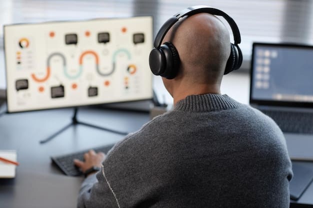 A person wearing noise-canceling headphones, deeply focused on a multi-monitor setup. On one screen, a project management tool shows progress bars, and on another, a creative application is open. The setting is a modern, minimalist home office, emphasizing focus and productivity.